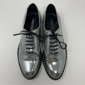 Jimmy Choo Reeve Metallic Oxford Shoes Size 38.5 Studded Lace Up Made In Italy